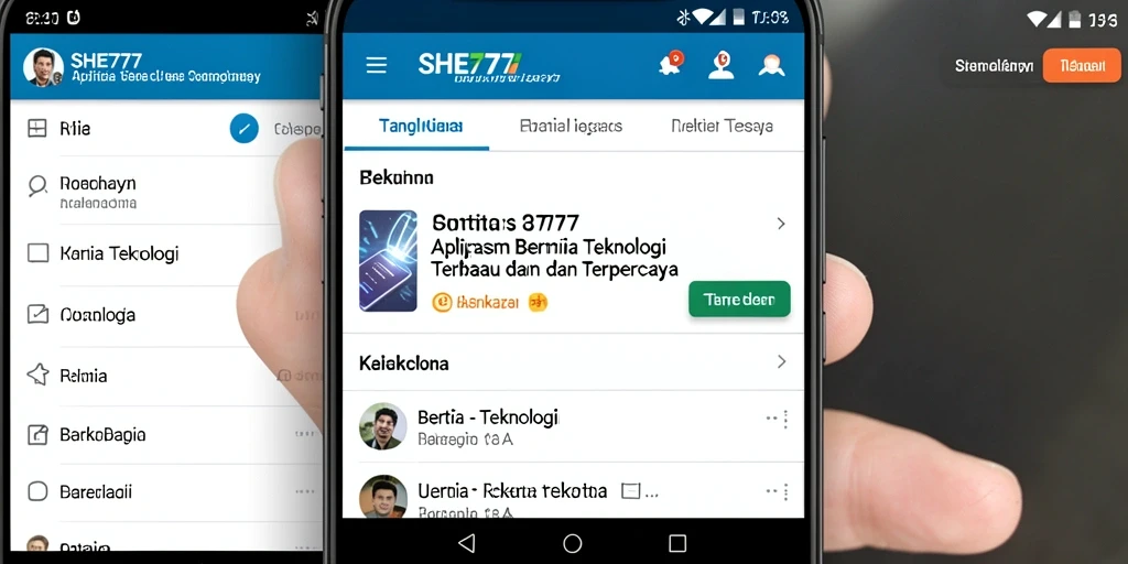 Tampilan antarmuka modern dari aplikasi SHE777 untuk berita teknologi.